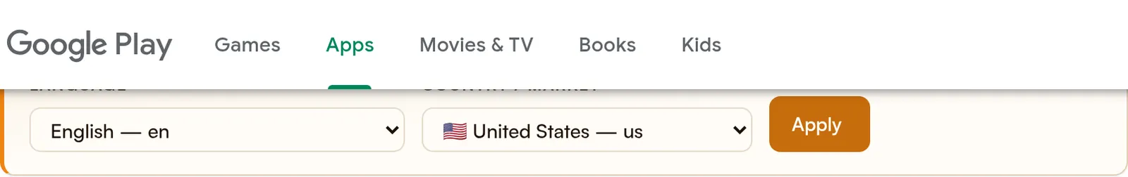 The extension's Country and Language card on a Google Play listing: a language menu set to English, a country menu set to United States, an Apply button and an 'Available in US' badge.