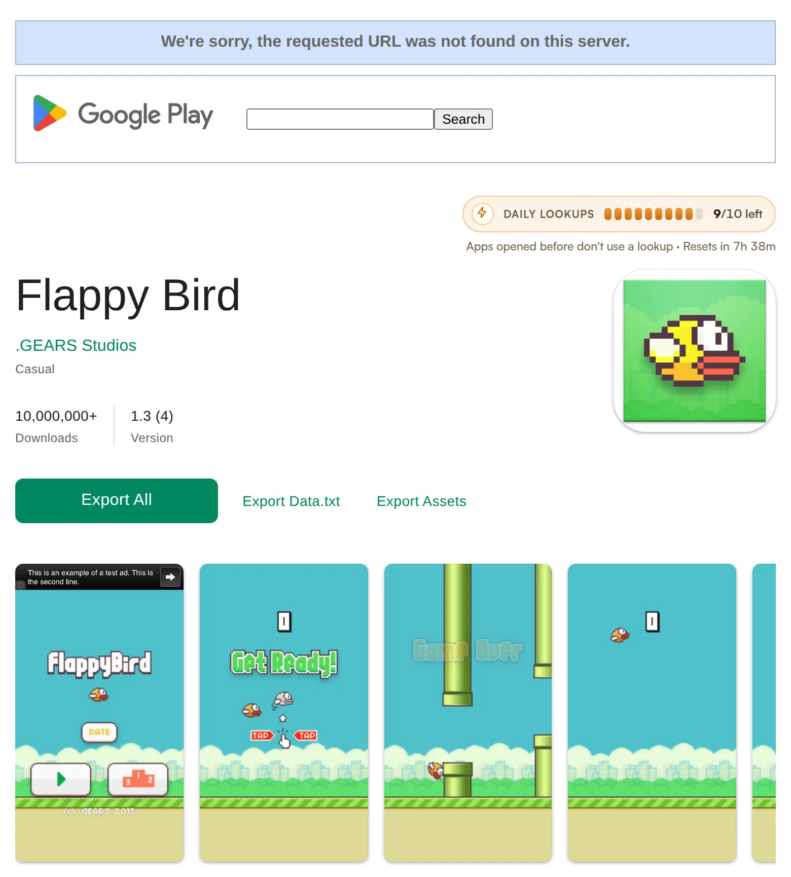 Google Play's not found page for com.dotgears.flappybird, with the Play Store ASO Tweak extension showing the saved listing: Flappy Bird by .GEARS Studios, 10,000,000+ downloads, version, export buttons, screenshots and a daily lookups counter.