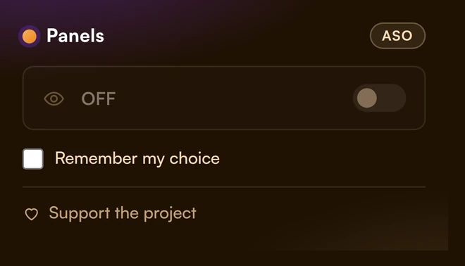 The extension popup with a switch that turns the panels on and off.